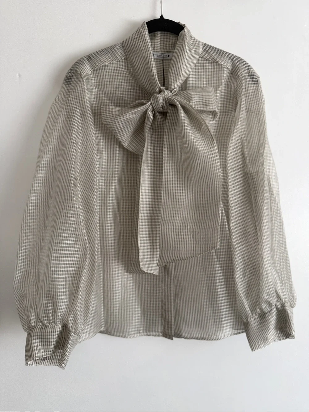 Zara Sheer Bow Tie Blouse in Light Beige Check